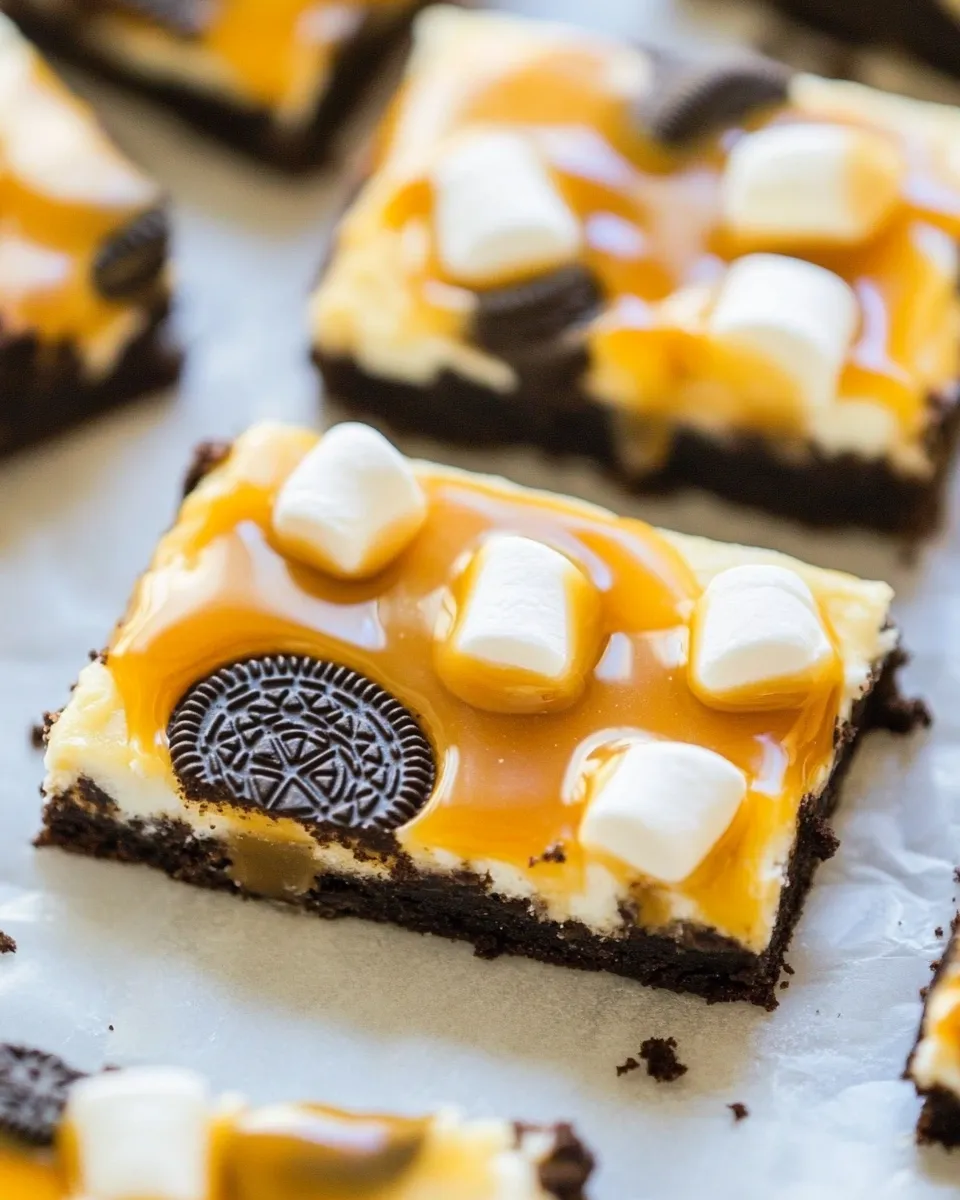 Easy Marshmallow Caramel Oreo Cookie SMores Bars shot