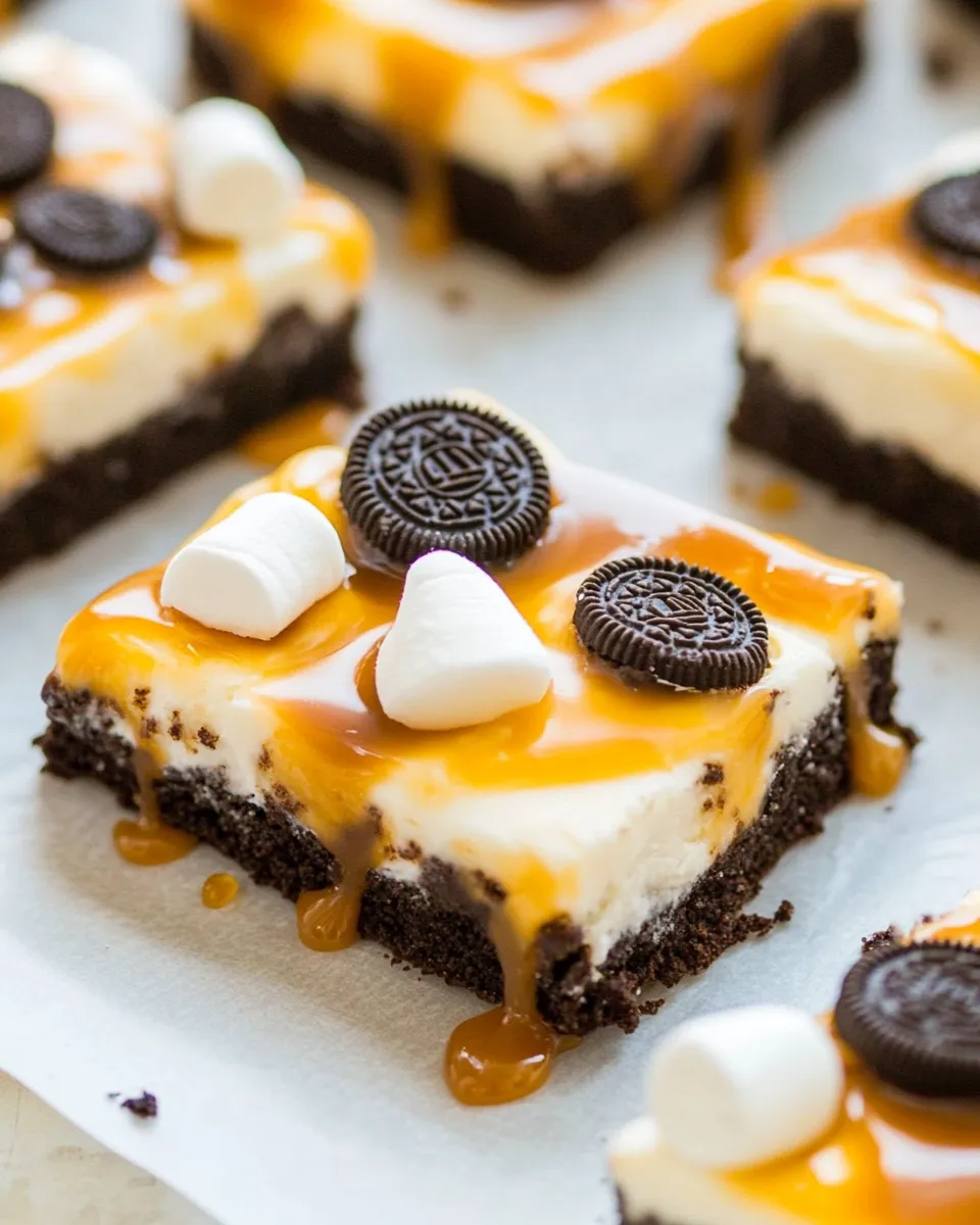 Delicious Marshmallow Caramel Oreo Cookie SMores Bars recipe image
