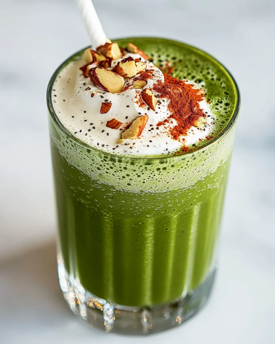 Healthy Matcha Banana Breakfast Smoothie with Toasted Pecans shot