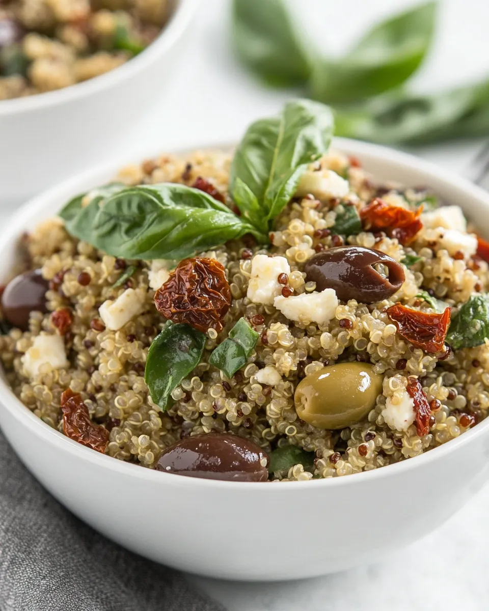 Delicious Mediterranean Quinoa Salad with Olives, Basil and Sun-dried Tomatoes food shot