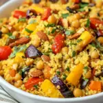 Homemade Moroccan Couscous with Roasted Vegetables Chick Peas and Almonds photo