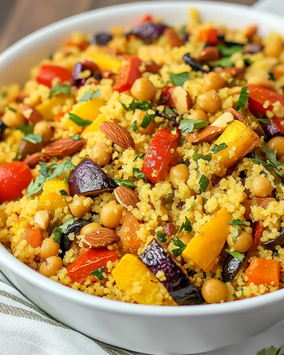 Homemade Moroccan Couscous with Roasted Vegetables Chick Peas and Almonds photo
