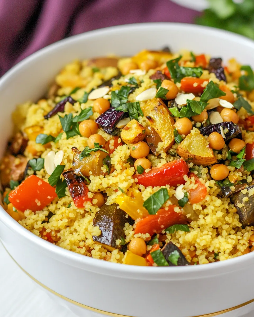 Delicious Moroccan Couscous with Roasted Vegetables Chick Peas and Almonds recipe image