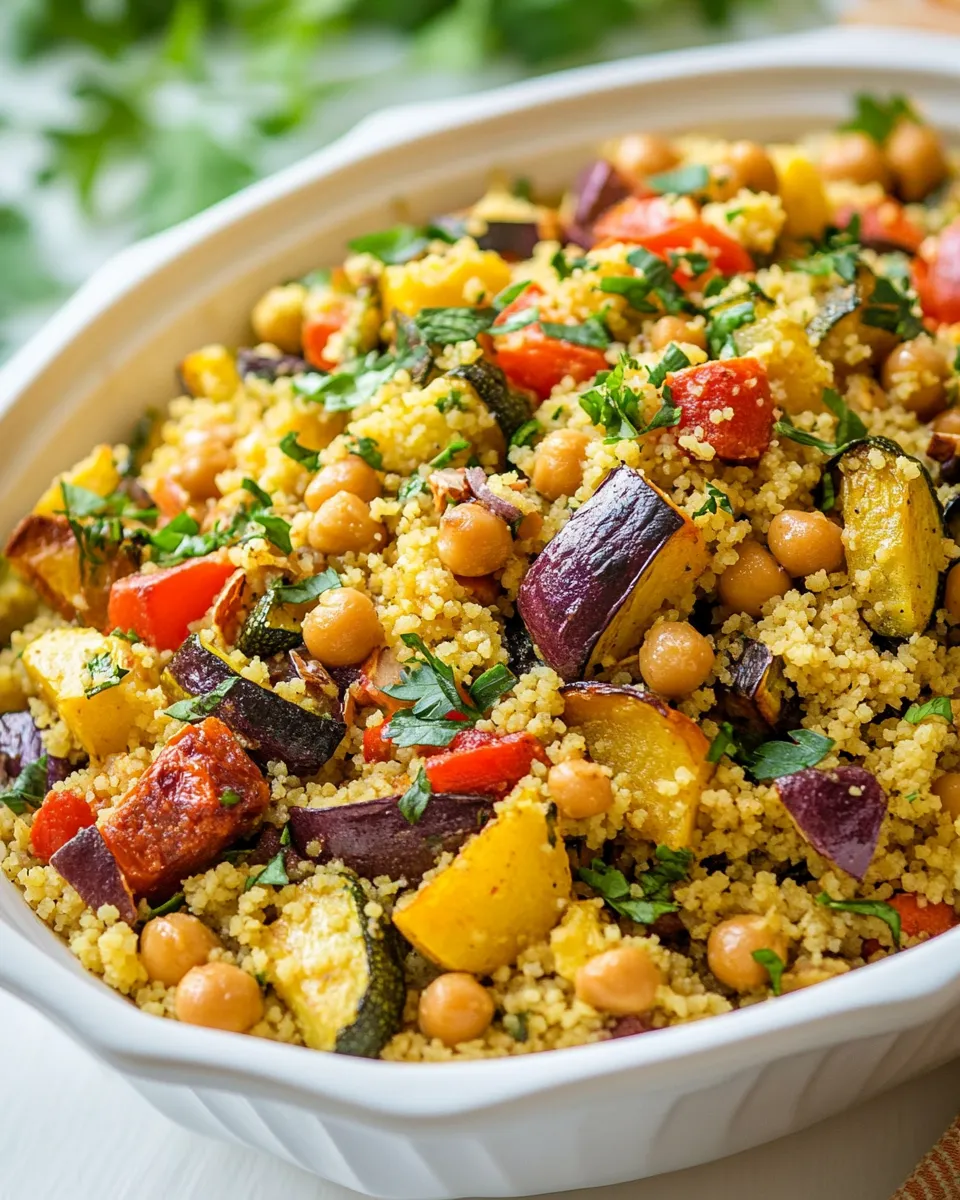 Easy Moroccan Couscous with Roasted Vegetables Chick Peas and Almonds dish photo