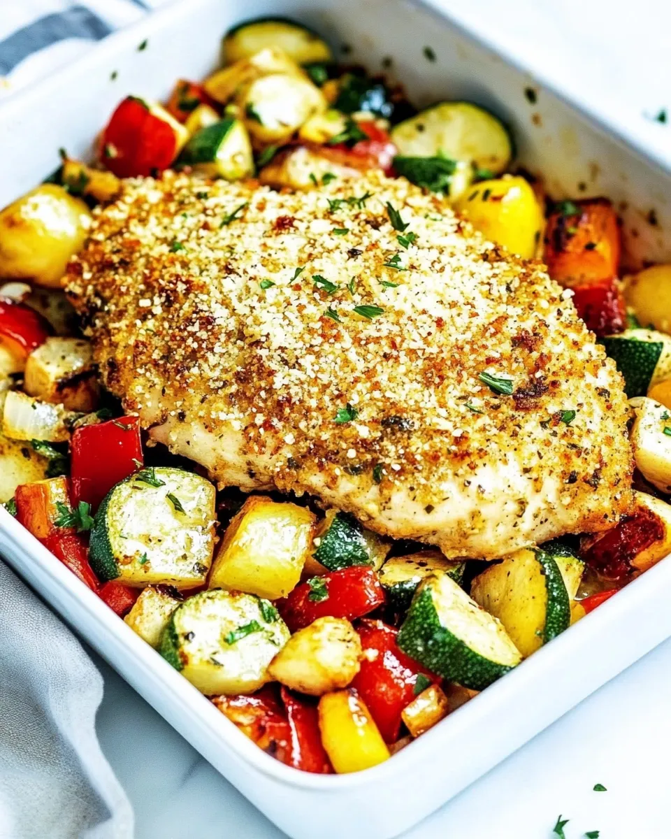 Delicious One Pan Crispy Parmesan Garlic Chicken with Vegetables image