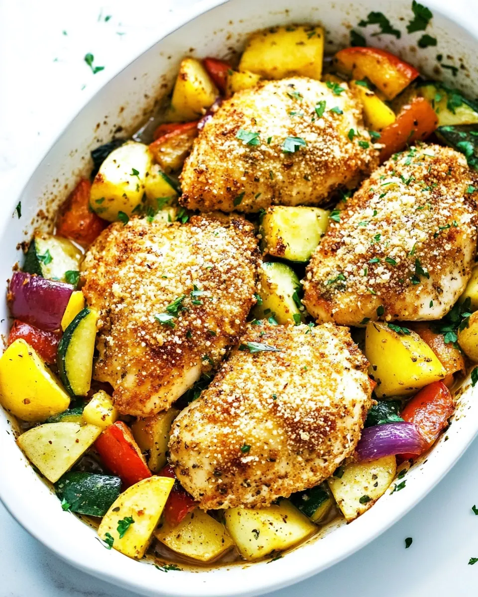 Savory One Pan Crispy Parmesan Garlic Chicken with Vegetables shot