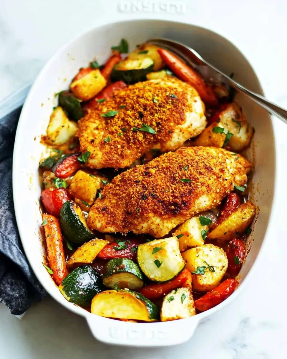 Homemade One Pan Crispy Parmesan Paprika Chicken with Vegetables photo