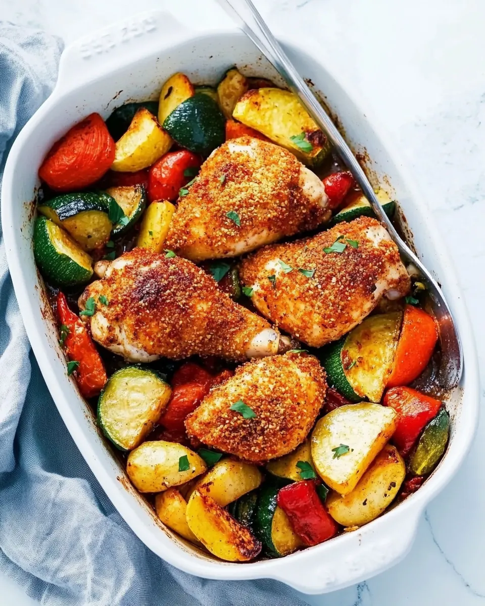 Classic One Pan Crispy Parmesan Paprika Chicken with Vegetables image