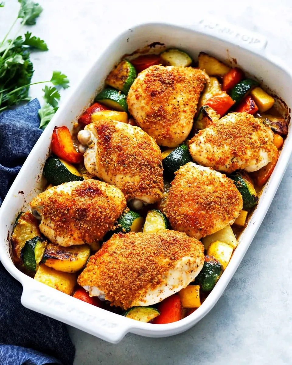 Easy One Pan Crispy Parmesan Paprika Chicken with Vegetables shot