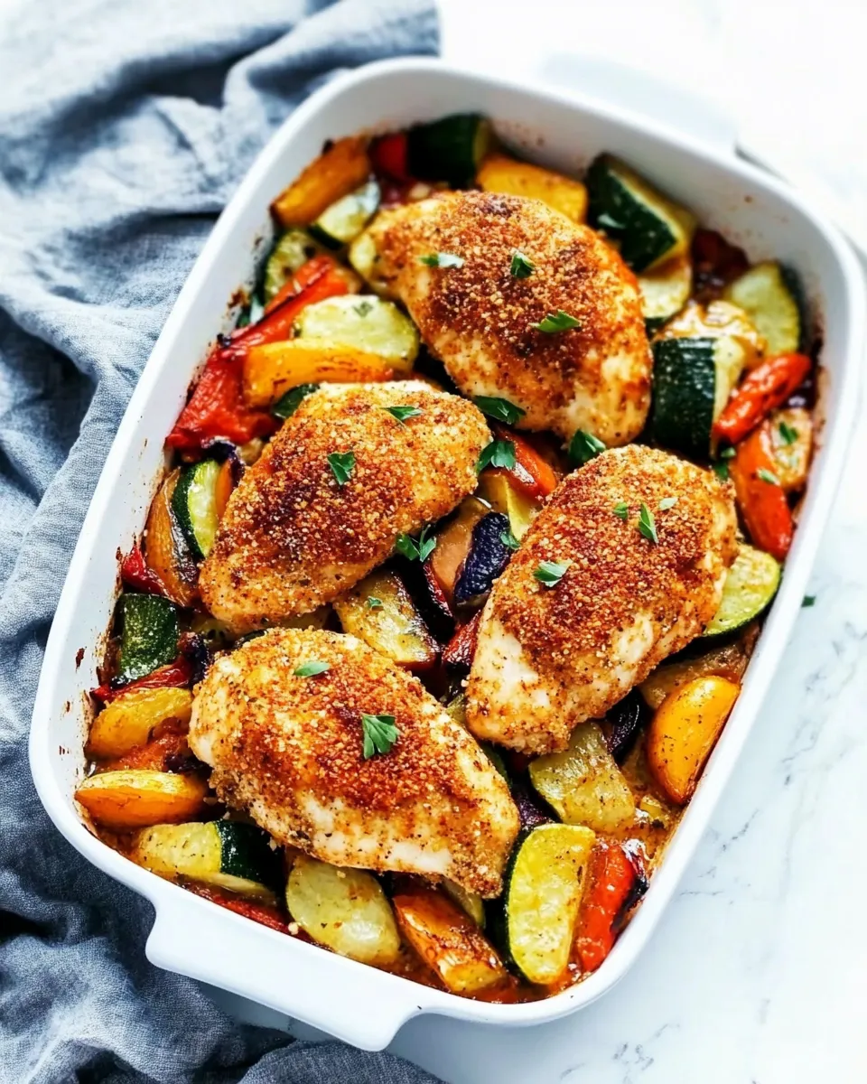 Delicious One Pan Crispy Parmesan Paprika Chicken with Vegetables recipe image