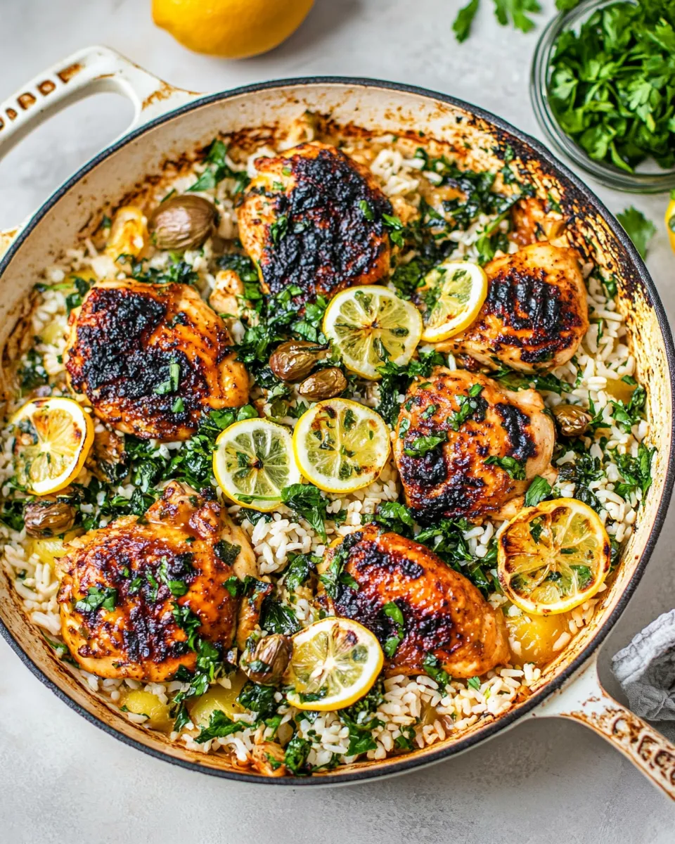 Easy One Skillet Greek Lemon Chicken and Rice. shot