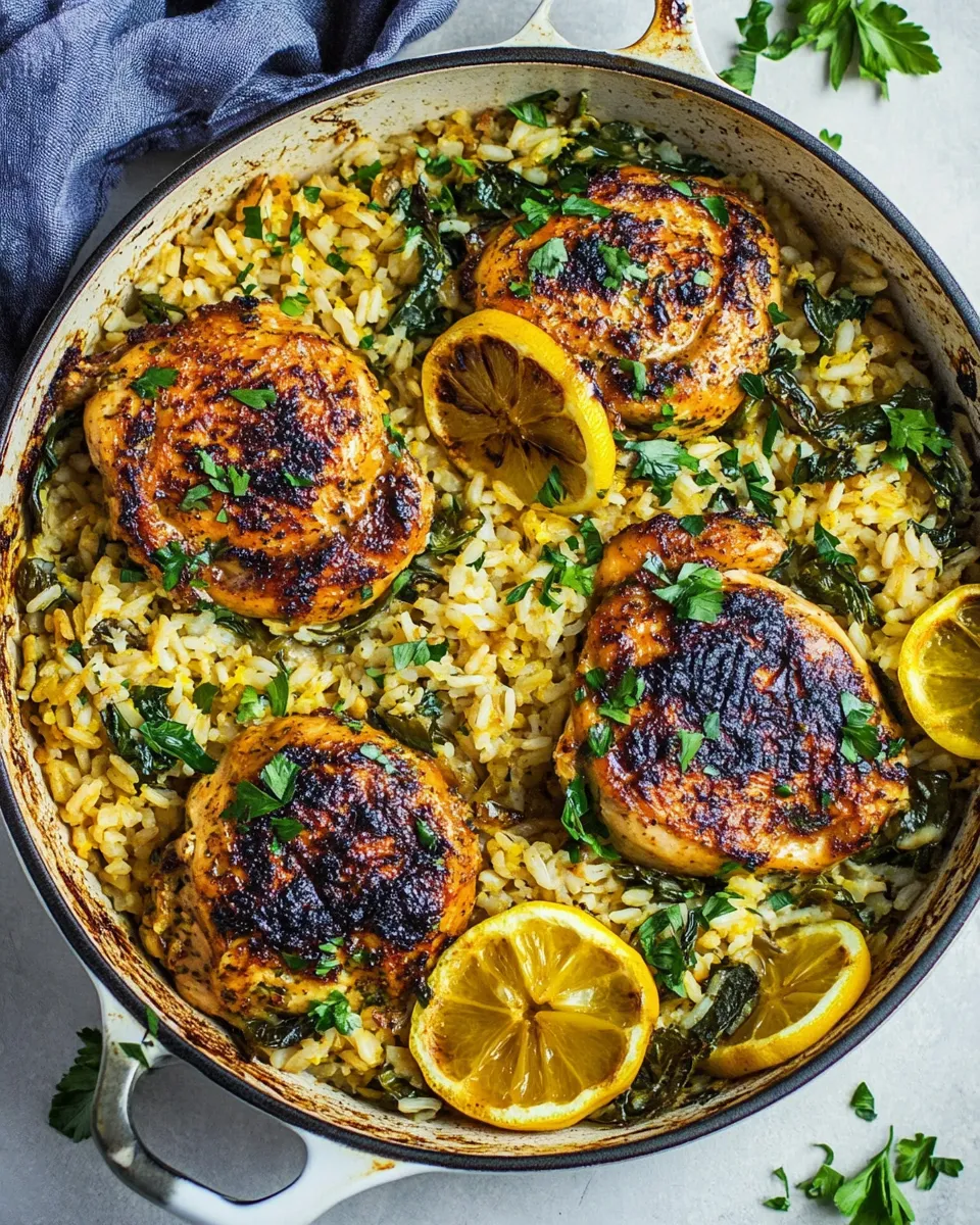 Delicious One Skillet Greek Lemon Chicken and Rice. recipe image