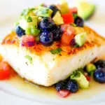 Easy Orange Ginger Baked Halibut with Blueberry Avocado Salsa photo