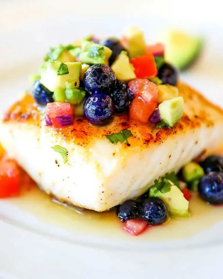 Easy Orange Ginger Baked Halibut with Blueberry Avocado Salsa photo