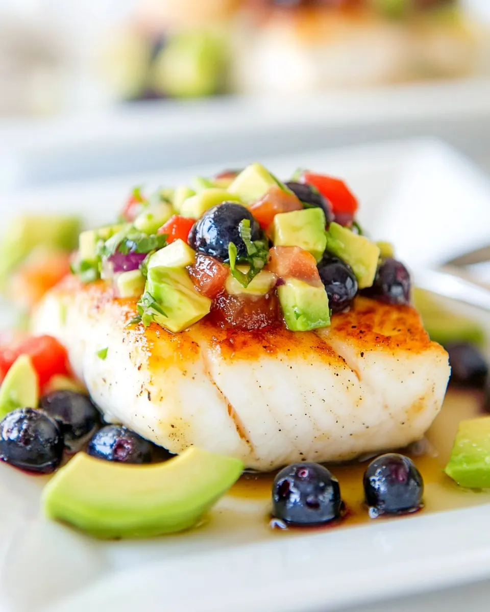 Healthy Orange Ginger Baked Halibut with Blueberry Avocado Salsa dish photo
