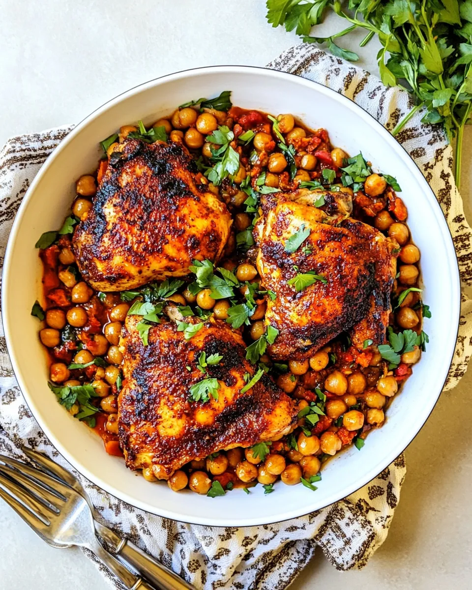 Savory Pan Seared Chicken with Harissa Chickpeas Recipe shot
