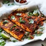 Savory Parchment Baked Roasted Red Pepper Salmon. recipe image