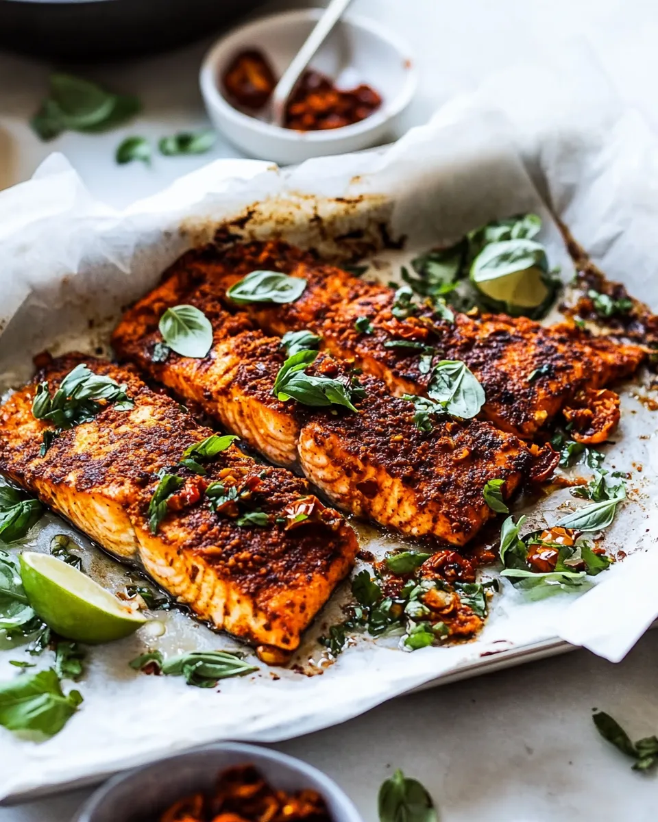 Savory Parchment Baked Roasted Red Pepper Salmon. recipe image