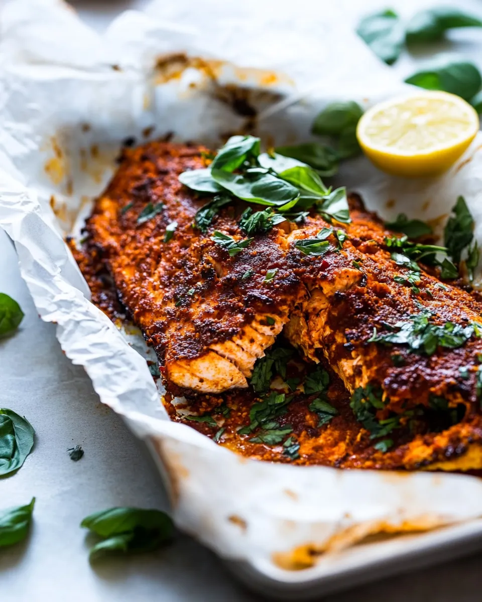 Homemade Parchment Baked Roasted Red Pepper Salmon. recipe image
