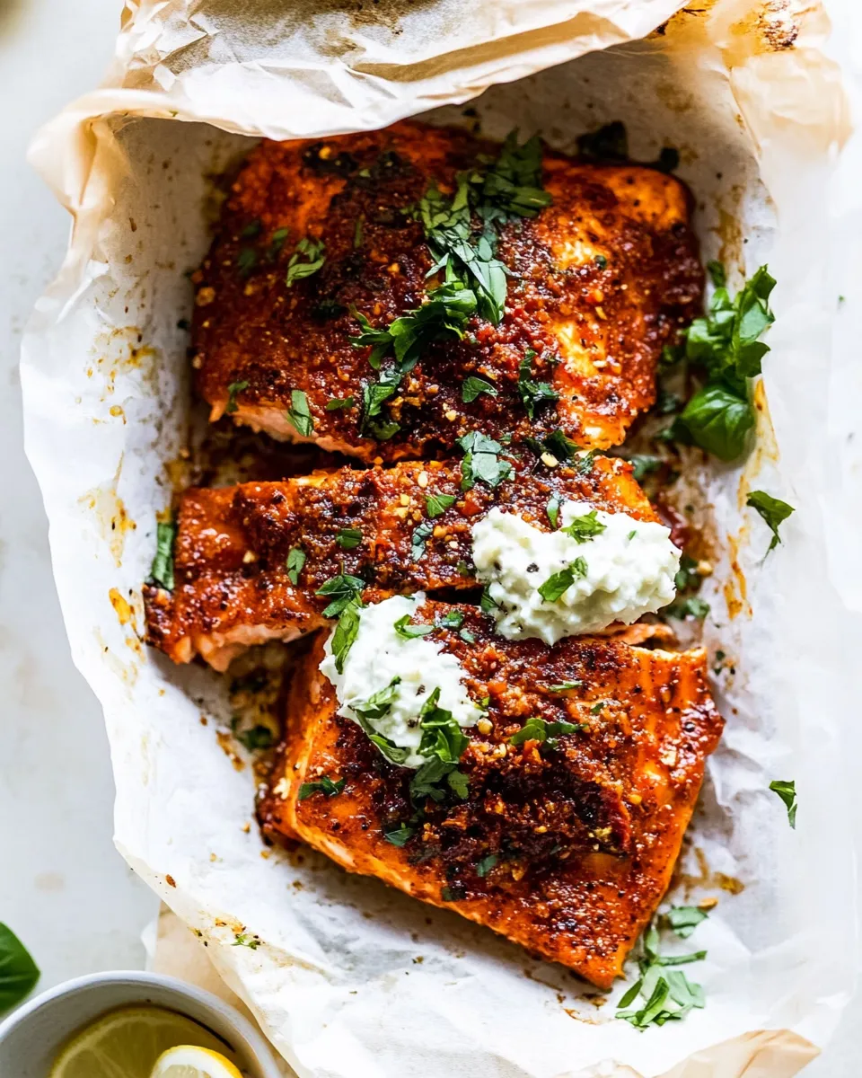 Simple Parchment Baked Roasted Red Pepper Salmon. recipe image