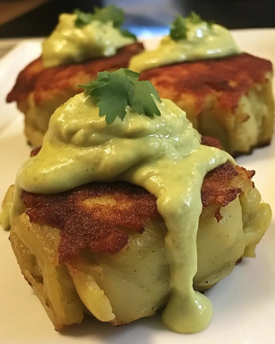 Easy Plantain Wrapped Crab Cakes with Avocado Aioli food shot