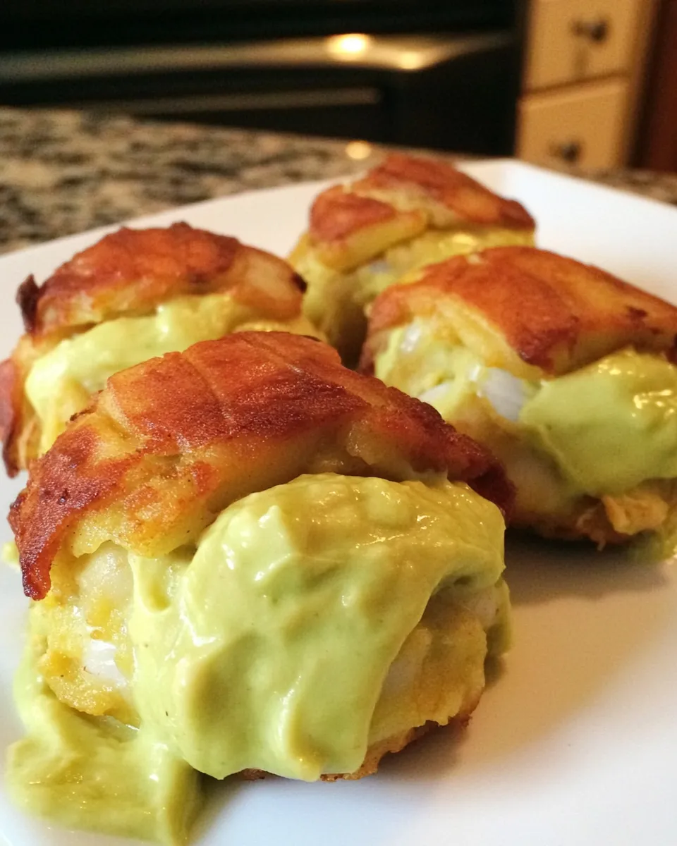 Delicious Plantain Wrapped Crab Cakes with Avocado Aioli plate image