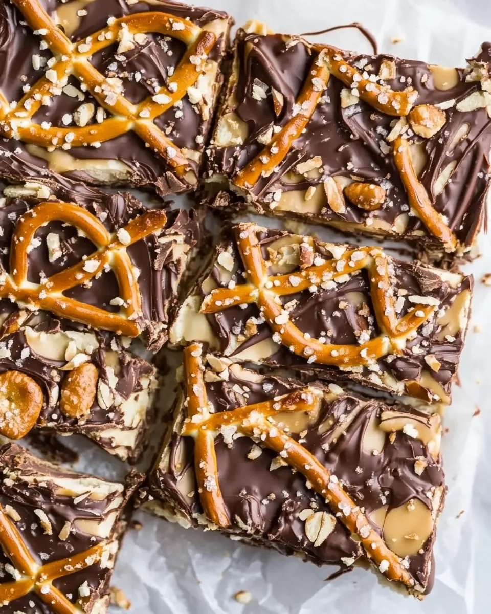 Savory Pretzel Peanut Butter Stuffed Chocolate Bark. shot