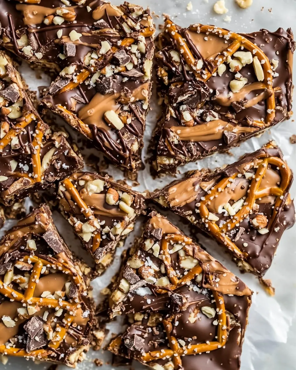 Savory Pretzel Peanut Butter Stuffed Chocolate Bark. food shot
