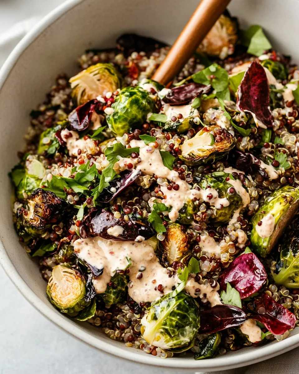 Homemade Roasted Brussels Sprouts, Quinoa & Lentil Salad with Spicy Caesar Dressing photo