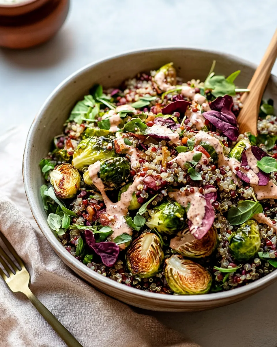 Healthy Roasted Brussels Sprouts, Quinoa & Lentil Salad with Spicy Caesar Dressing recipe photo
