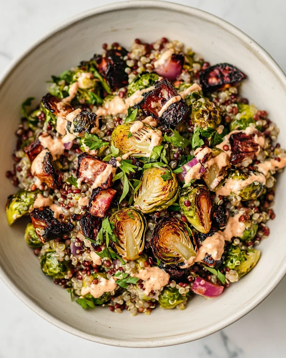 Easy Roasted Brussels Sprouts, Quinoa & Lentil Salad with Spicy Caesar Dressing dish photo