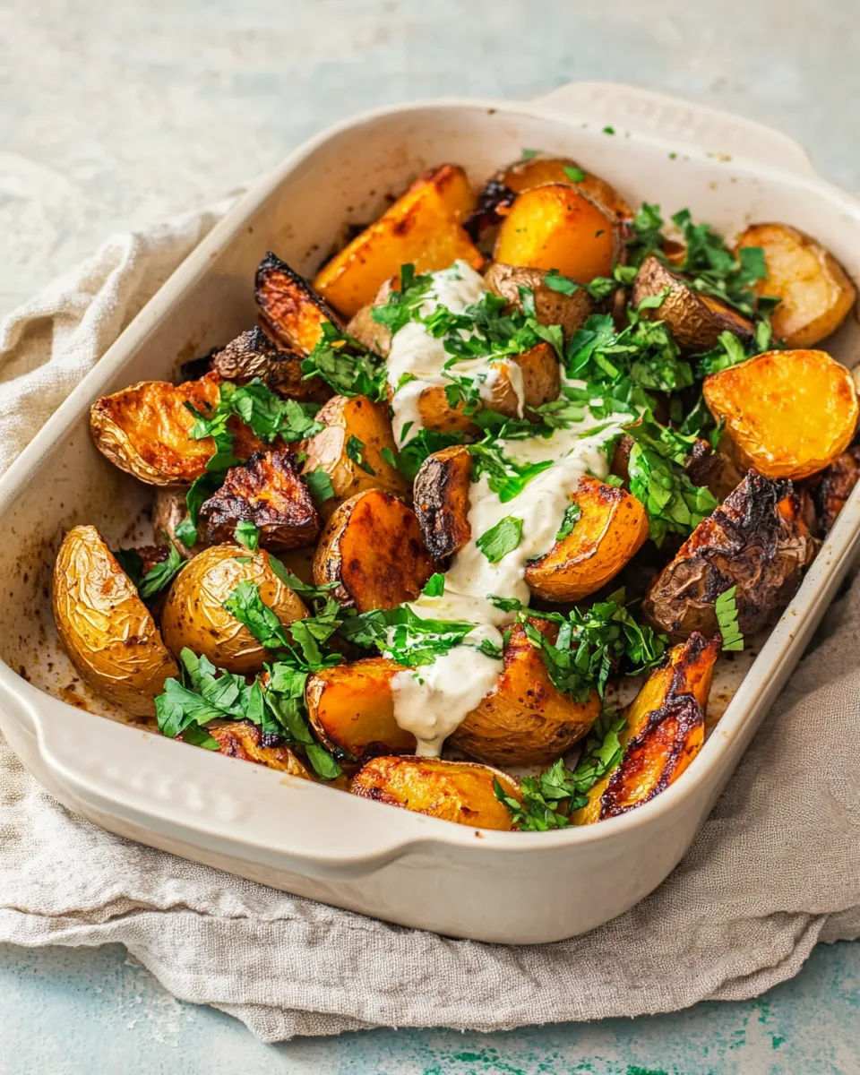 Savory Roasted Potatoes with Tahini Yogurt Sauce food shot