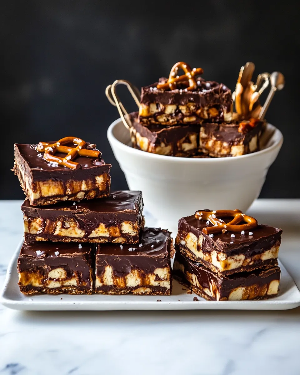 Classic Salted Pretzel Chocolate Chip Cookie Snickers Bars. food shot