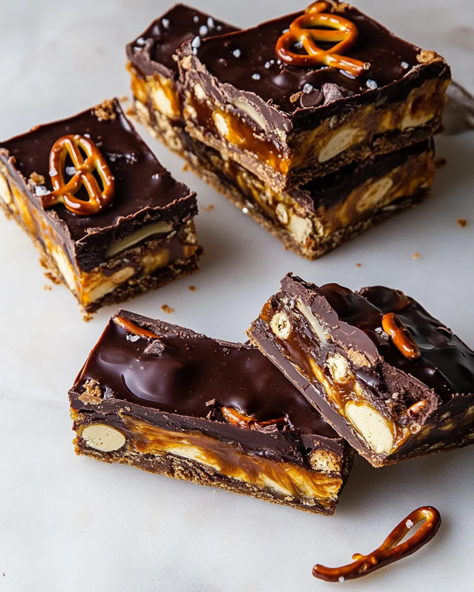 Easy Salted Pretzel Chocolate Chip Cookie Snickers Bars. dish photo