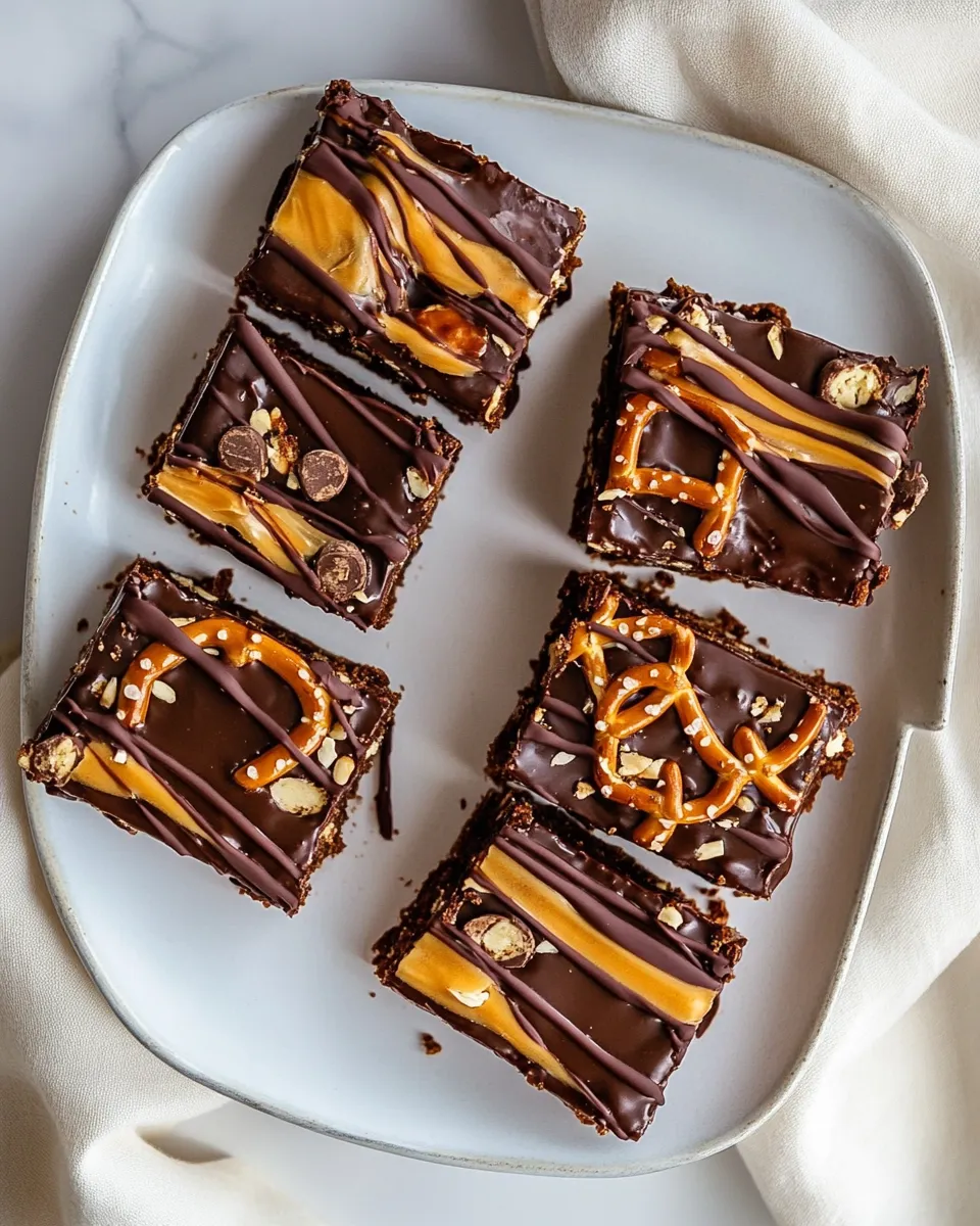 Delicious Salted Pretzel Chocolate Chip Cookie Snickers Bars. picture