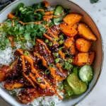 Savory Sheet Pan Korean Chicken Bowl with Sweet Potatoes and Yum Yum Sauce. image