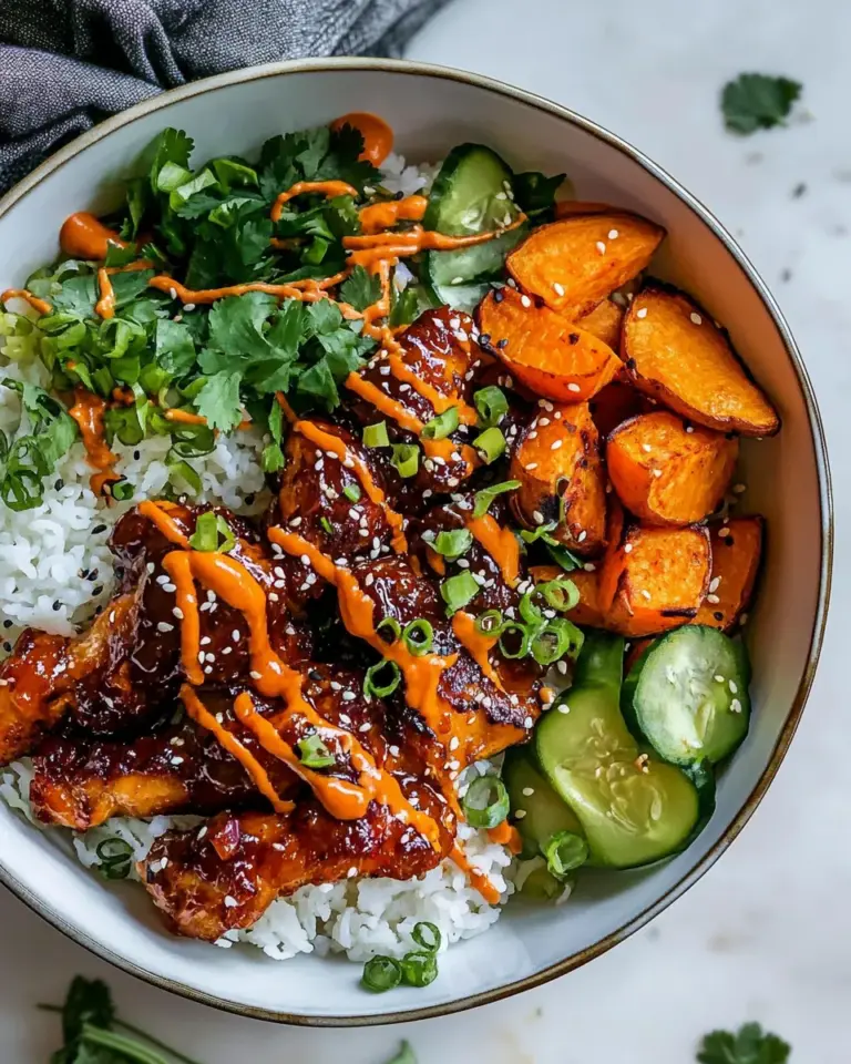 Savory Sheet Pan Korean Chicken Bowl with Sweet Potatoes and Yum Yum Sauce. image