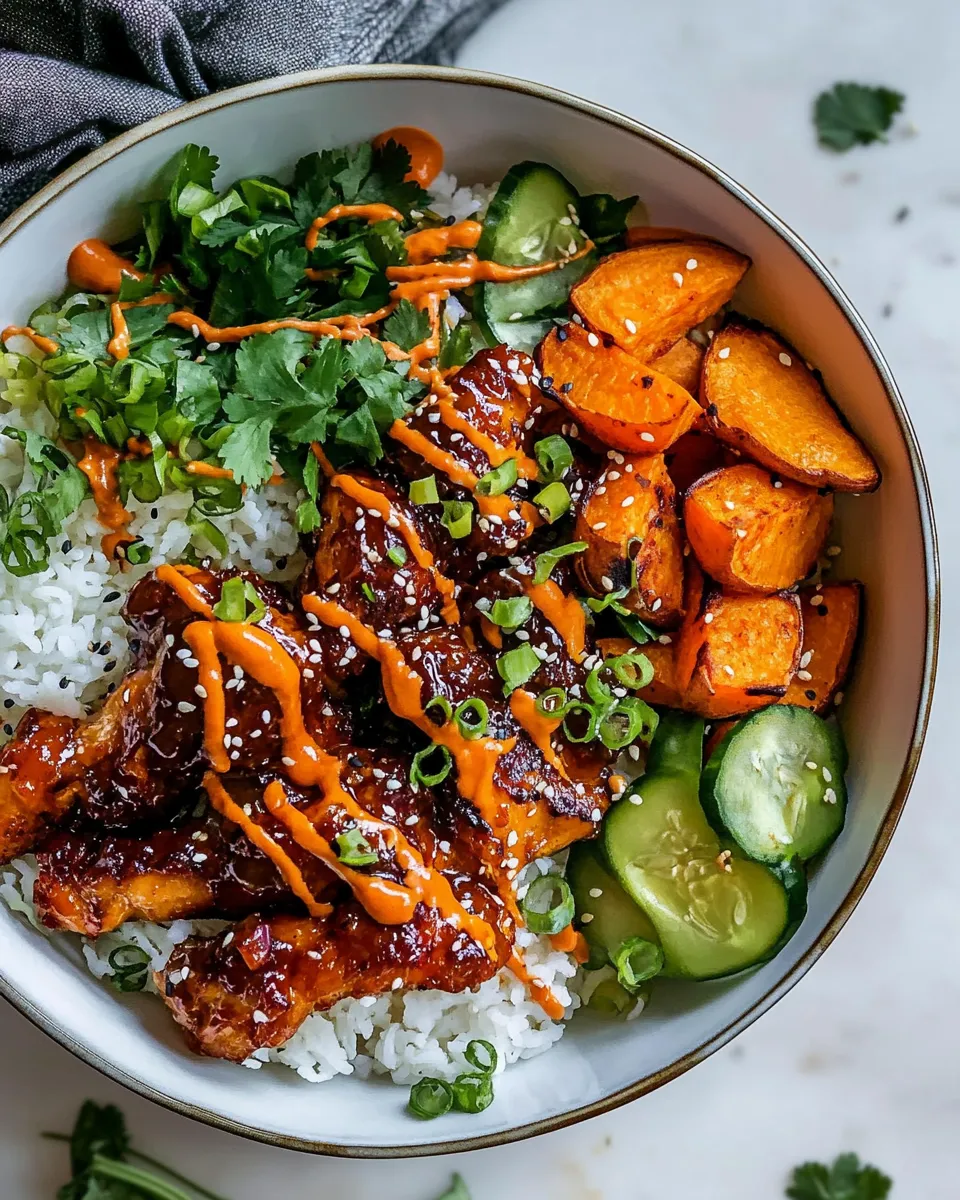 Savory Sheet Pan Korean Chicken Bowl with Sweet Potatoes and Yum Yum Sauce. image