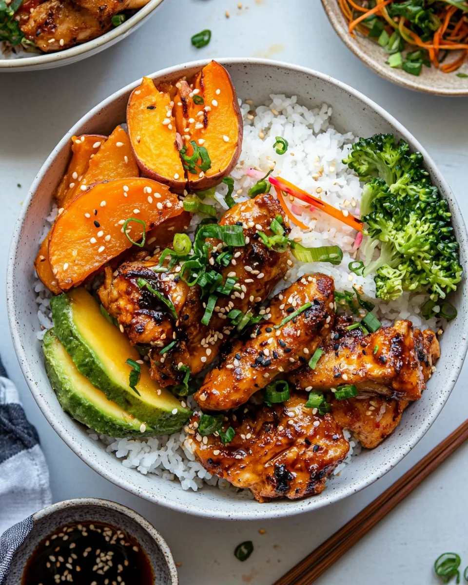 Quick Sheet Pan Korean Chicken Bowl with Sweet Potatoes and Yum Yum Sauce. dish image