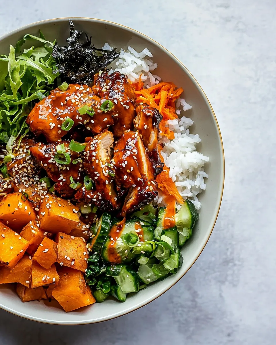 Fresh Sheet Pan Korean Chicken Bowl with Sweet Potatoes and Yum Yum Sauce. photo
