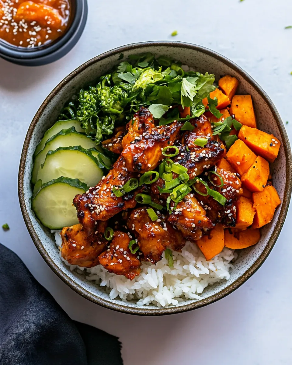 Easy Sheet Pan Korean Chicken Bowl with Sweet Potatoes and Yum Yum Sauce. recipe photo