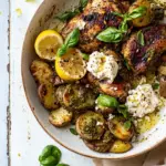 Homemade Sheet Pan Pesto Chicken and Lemon Butter Potatoes with Whipped Feta. recipe photo