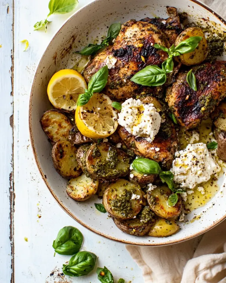 Homemade Sheet Pan Pesto Chicken and Lemon Butter Potatoes with Whipped Feta. recipe photo