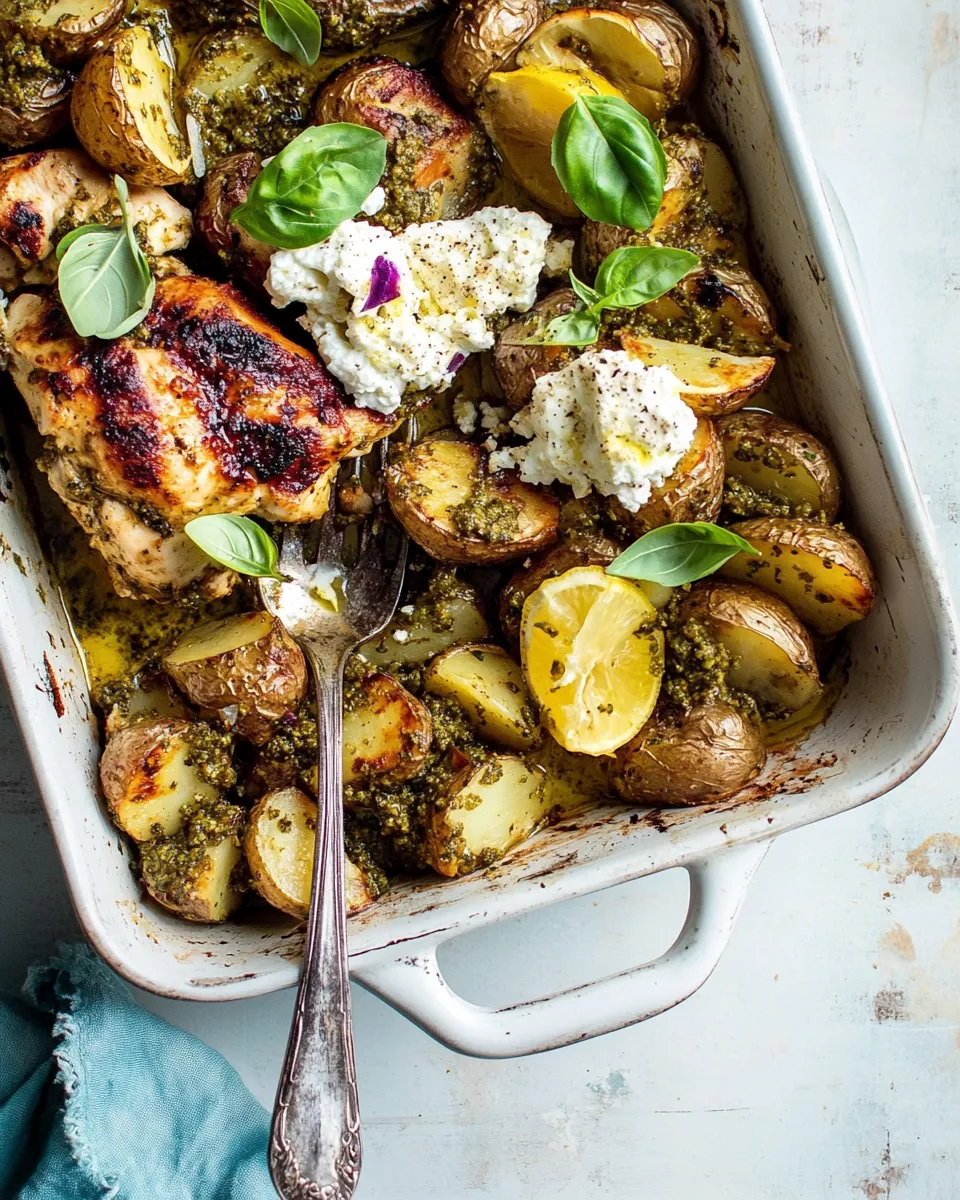 Classic Sheet Pan Pesto Chicken and Lemon Butter Potatoes with Whipped Feta. dish photo
