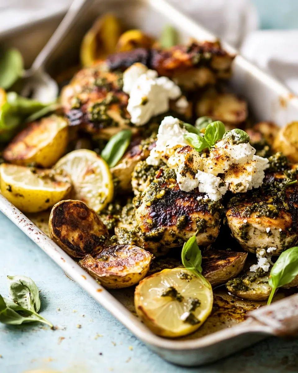 Easy Sheet Pan Pesto Chicken and Lemon Butter Potatoes with Whipped Feta. food shot
