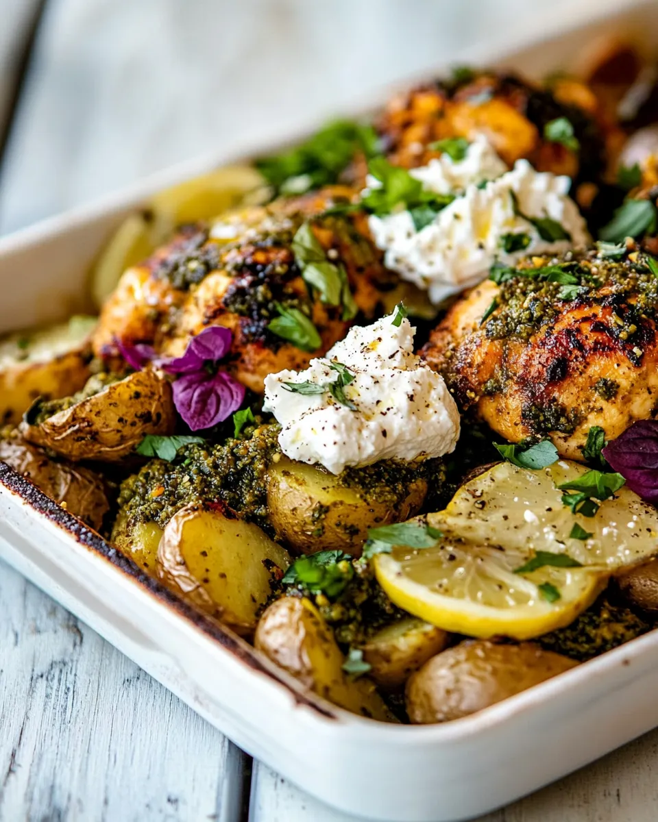 Delicious Sheet Pan Pesto Chicken and Lemon Butter Potatoes with Whipped Feta. plate image