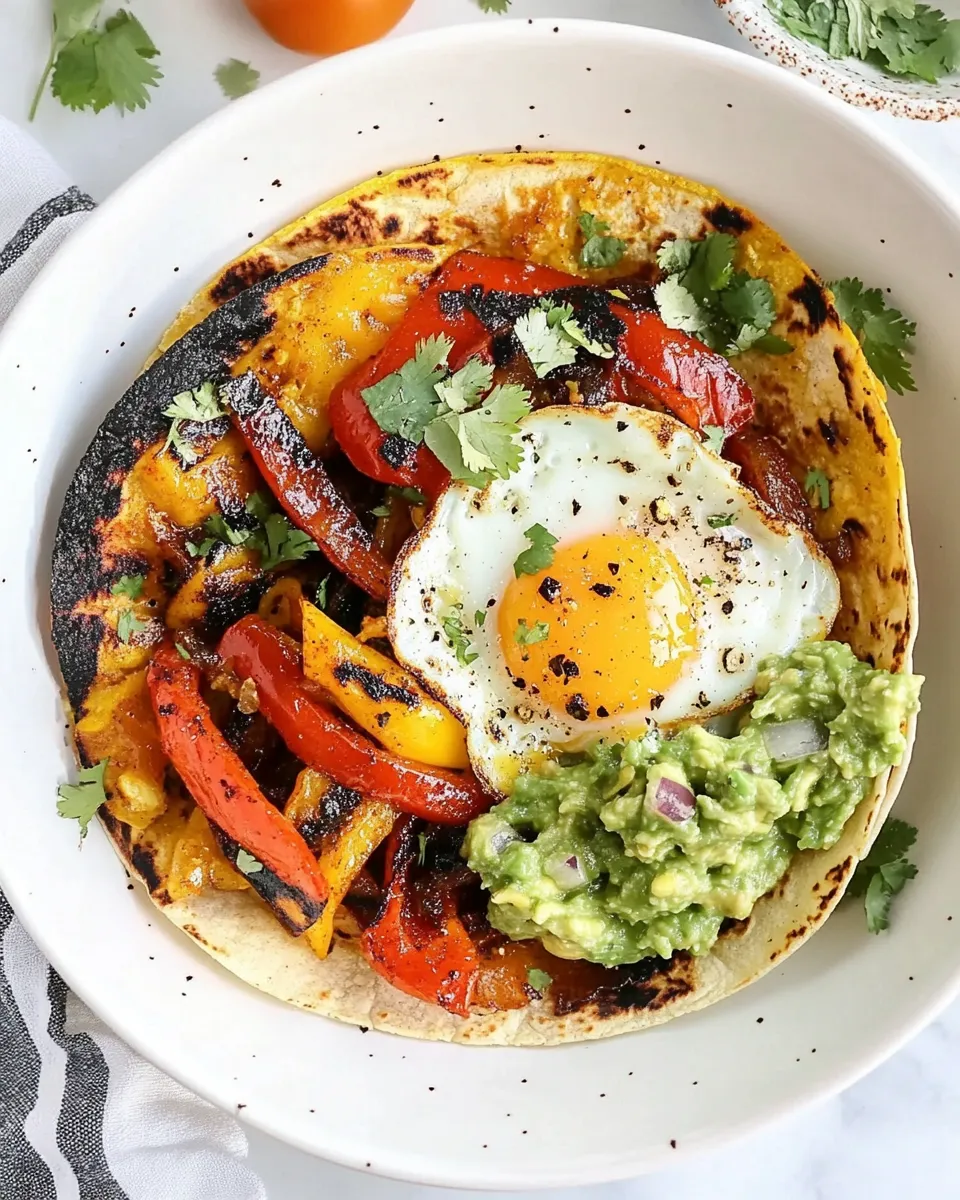 Homemade Spicy Breakfast Fajitas with Eggs and Guacamole photo
