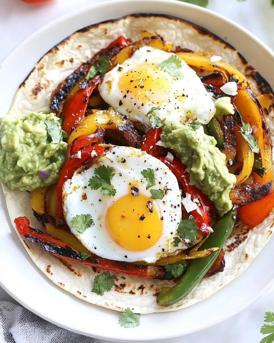 Delicious Spicy Breakfast Fajitas with Eggs and Guacamole image