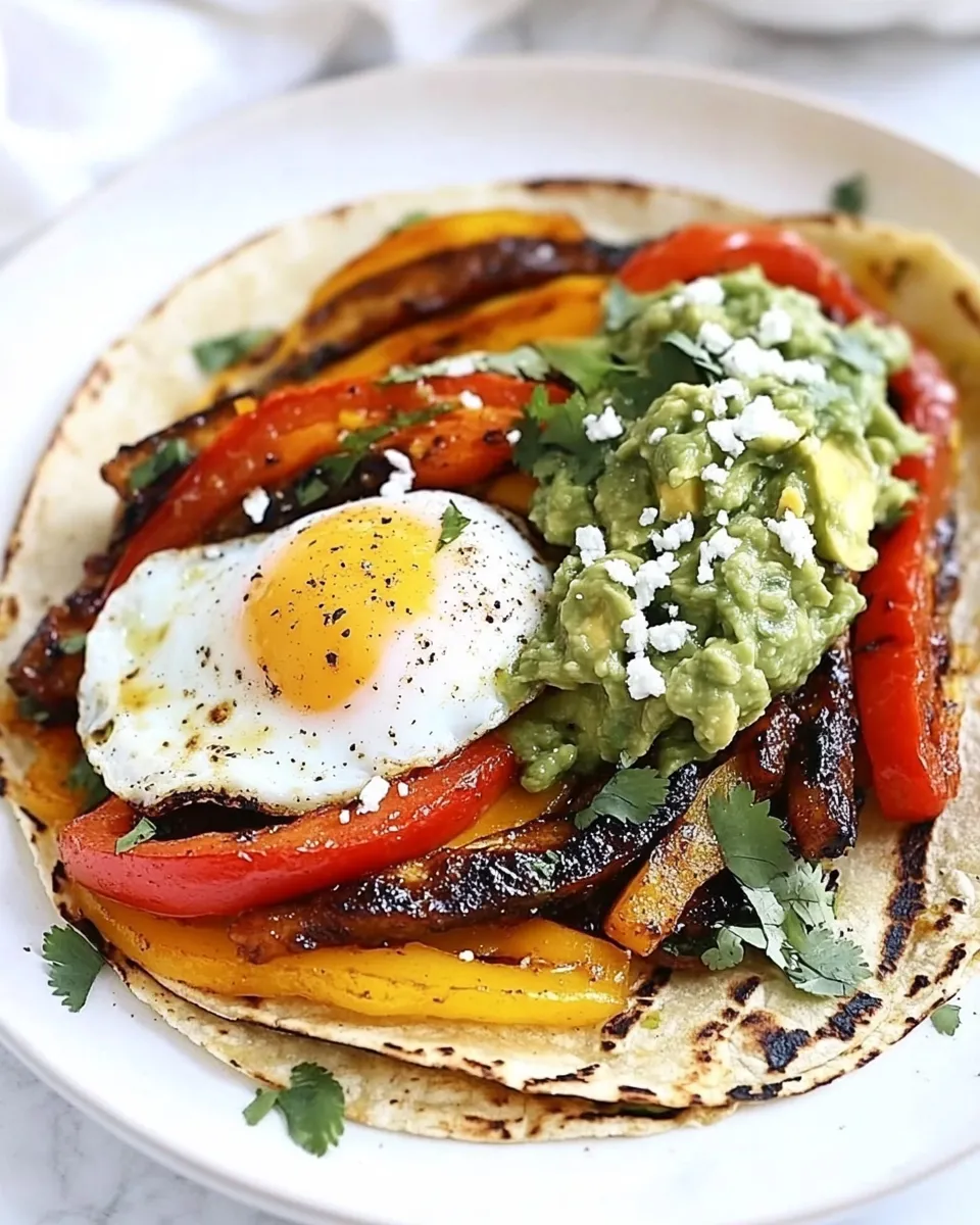 Savory Spicy Breakfast Fajitas with Eggs and Guacamole shot