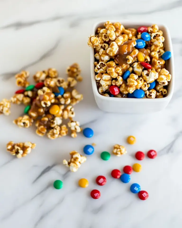 Homemade Spicy caramel popcorn with peanut M&Ms photo
